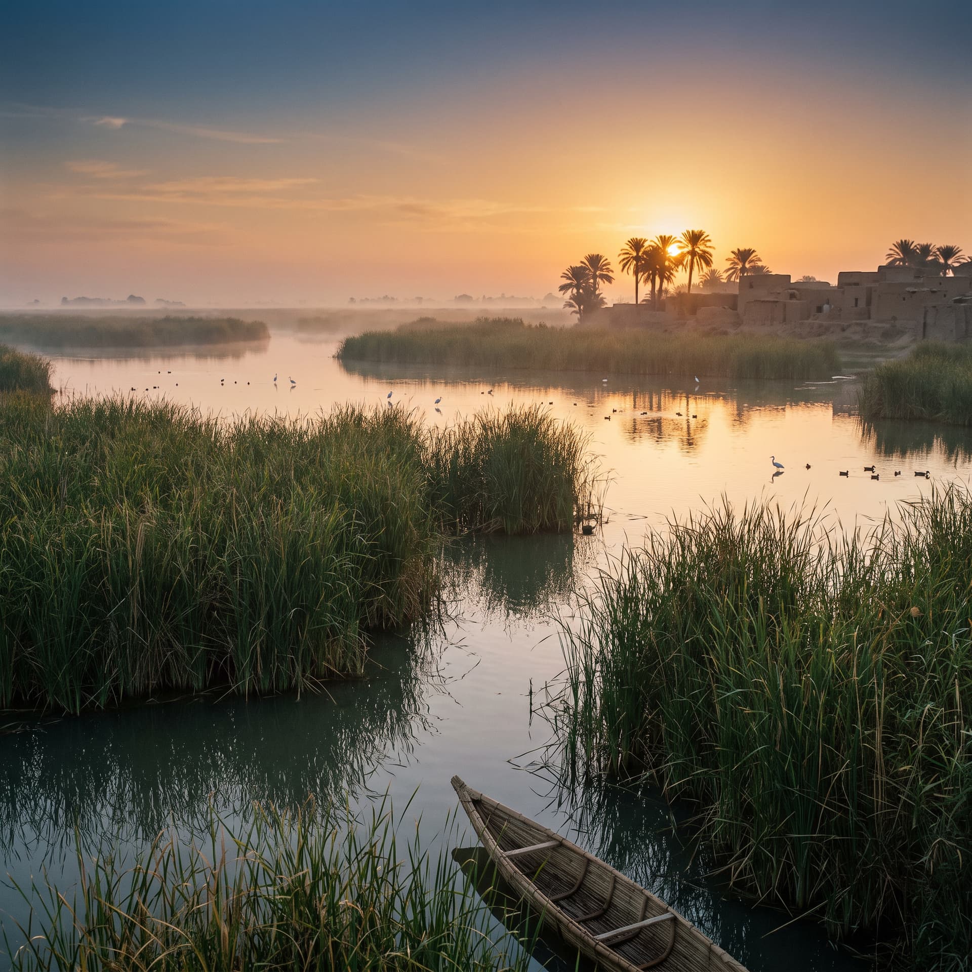 The Euphrates reed marshes at misty dawn — a reed boat in the foreground, egrets on still water, palms and mud-brick houses against the sunrise.