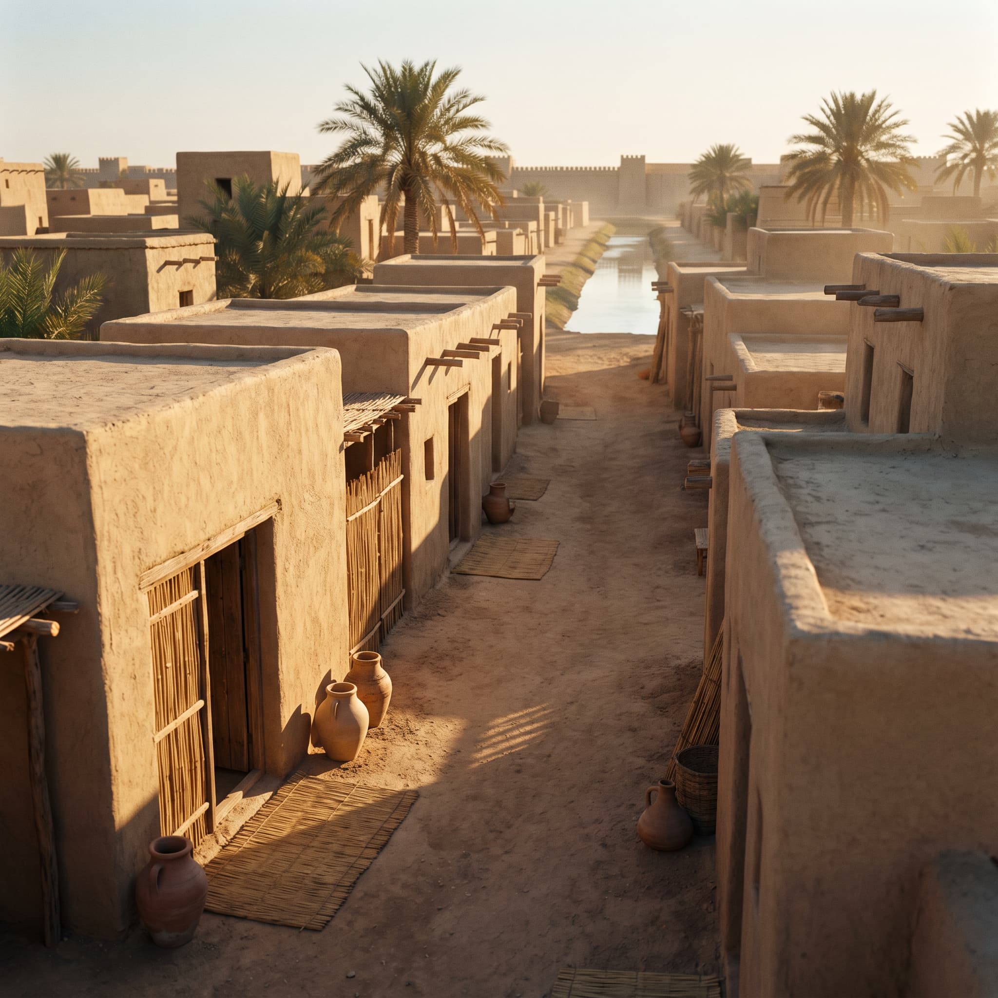 The mud-brick streets of Uruk at dawn, clay jars by reed-screen doorways and a canal running toward the city wall.
