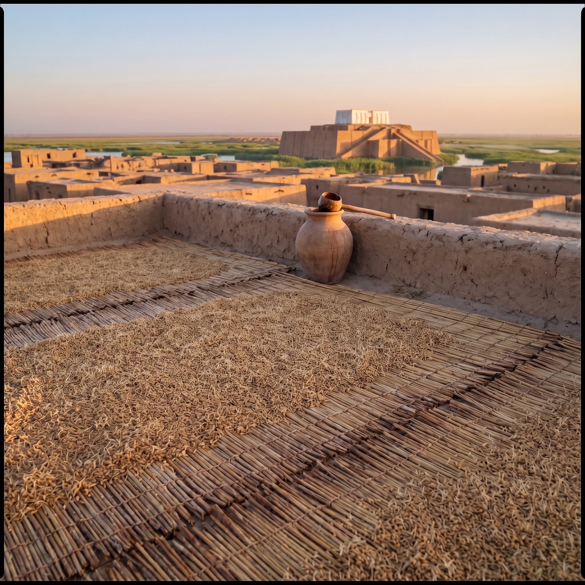 Barley spread on reed mats across a rooftop malting floor, the ziggurat and marshes beyond in early light.