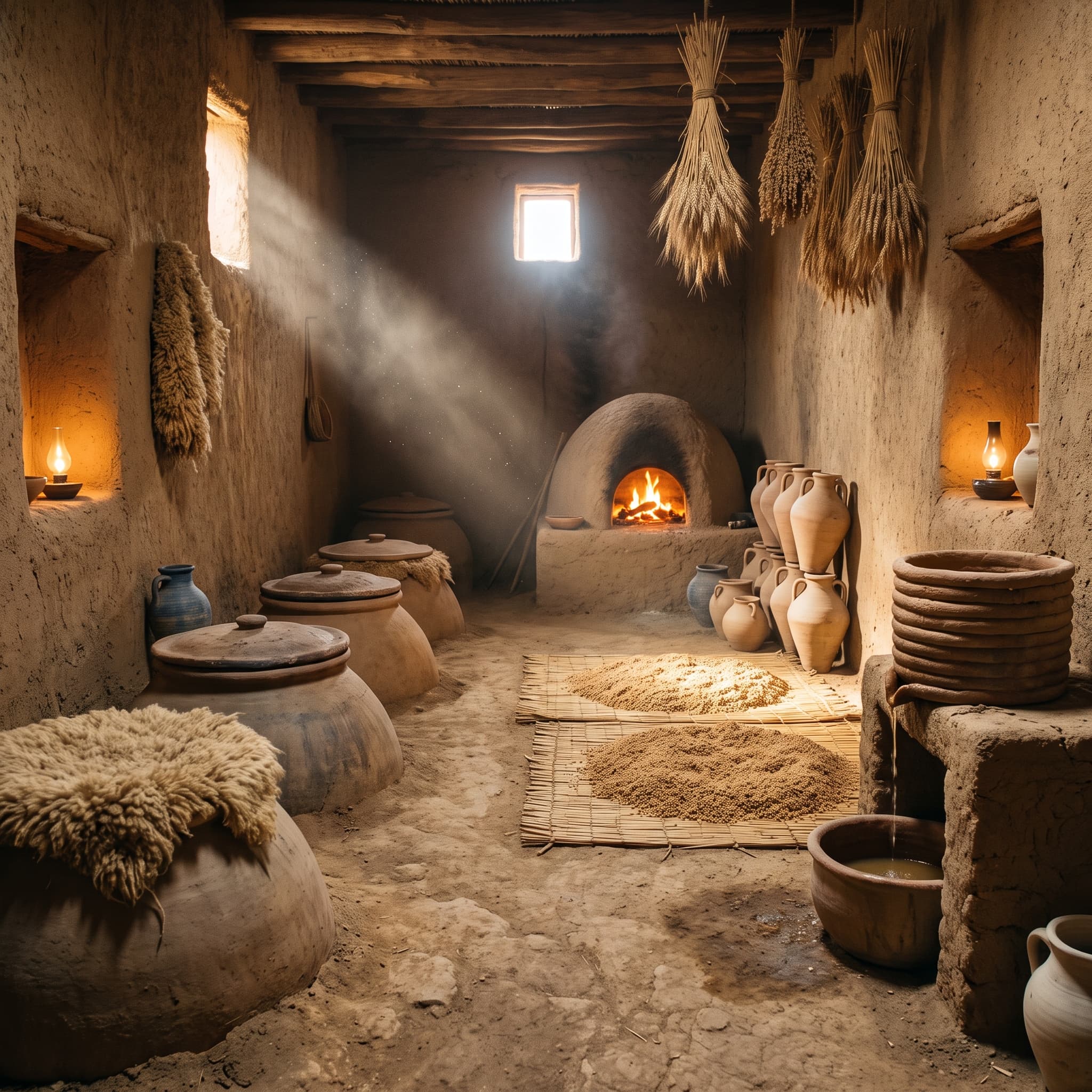 Inside the firelit brewhouse: a domed clay oven burning, wide-bellied vessels, hanging barley sheaves and a shaft of daylight.