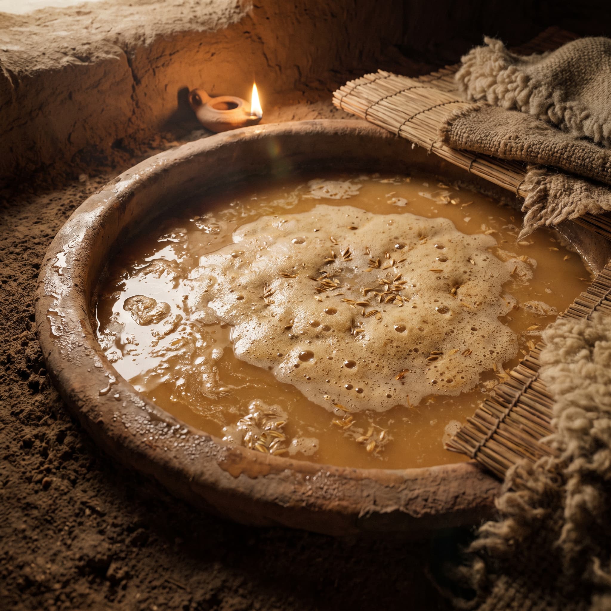 A wide clay vat of fermenting mash, foam blooming across its surface, an oil lamp burning at its rim.