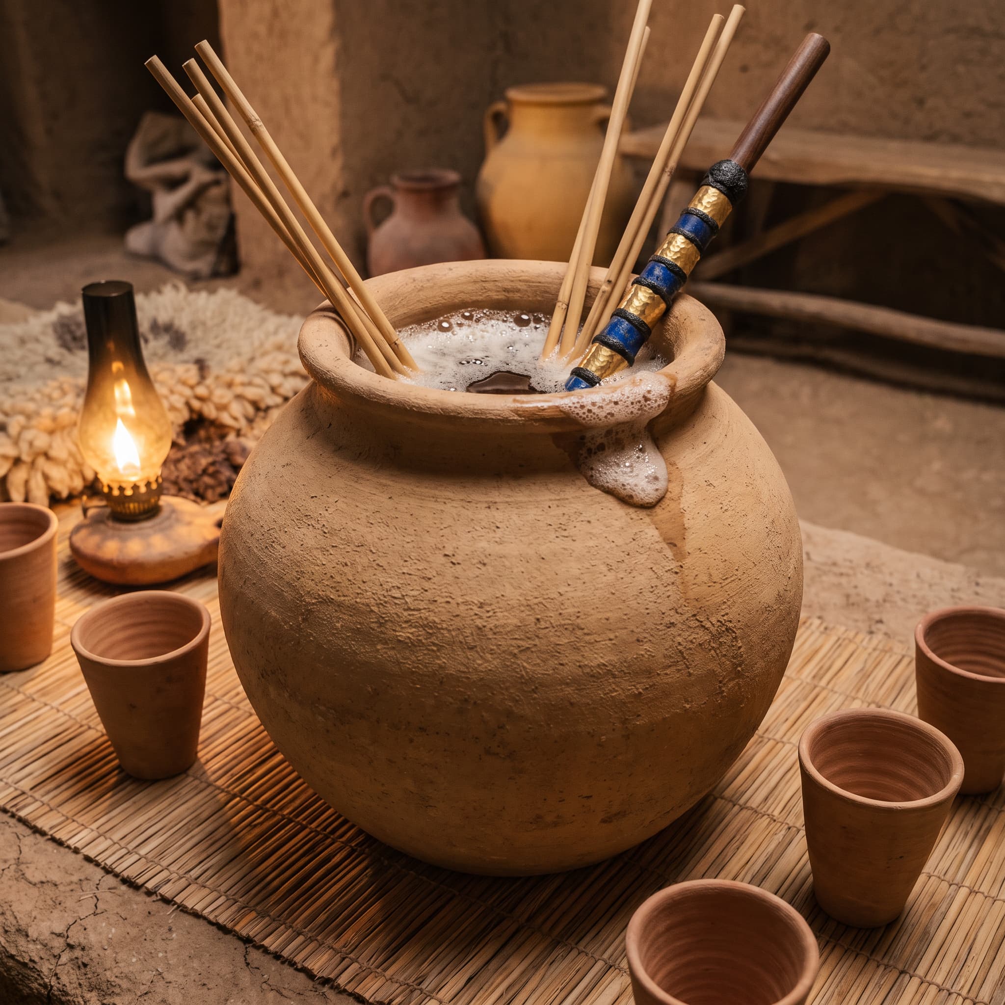 A communal beer jar foaming over, reed drinking straws leaning from its mouth — one bound in lapis and gold — with clay cups waiting around it.