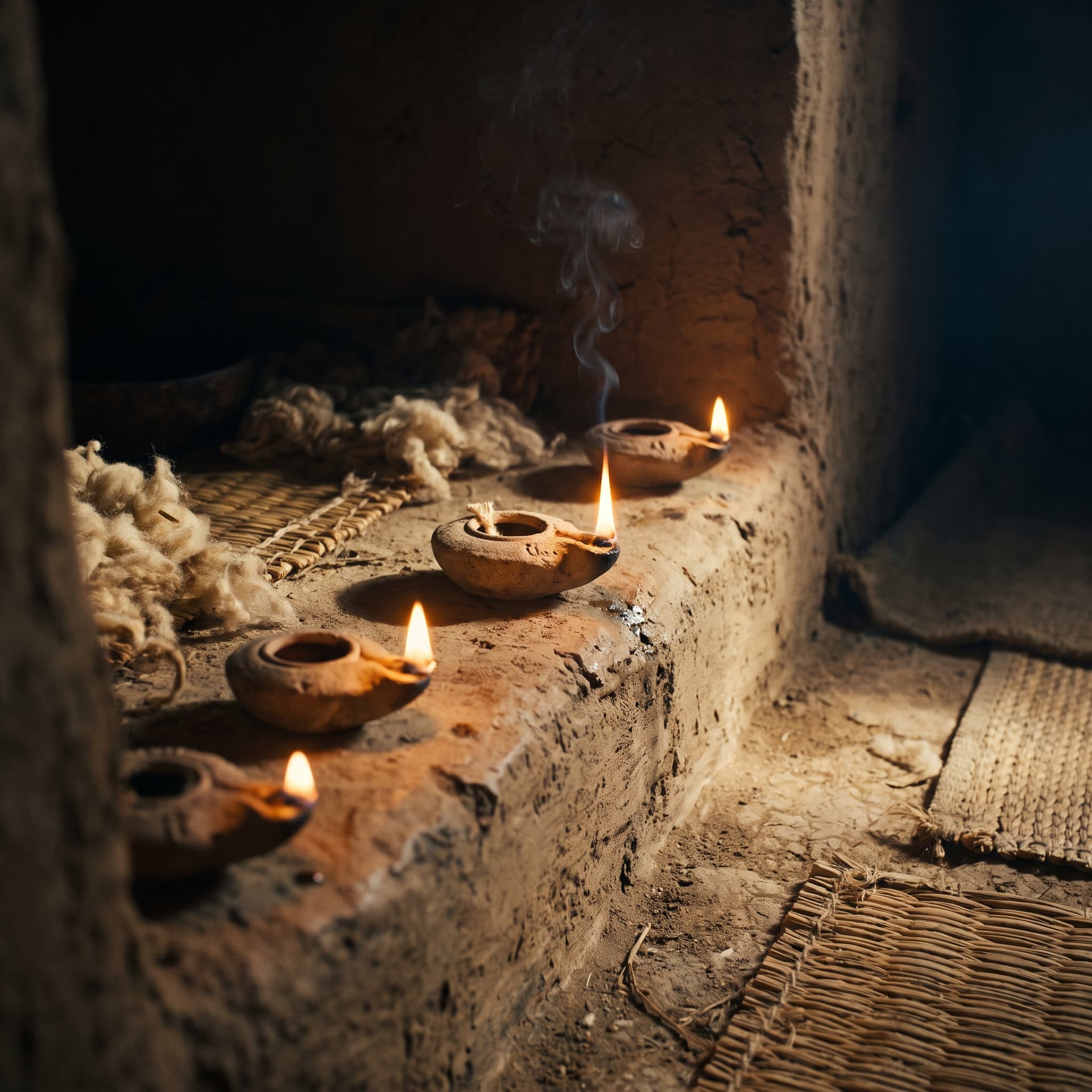 Small clay oil lamps burning in a dark mud-brick niche, wool and woven mats in shadow around the flames.