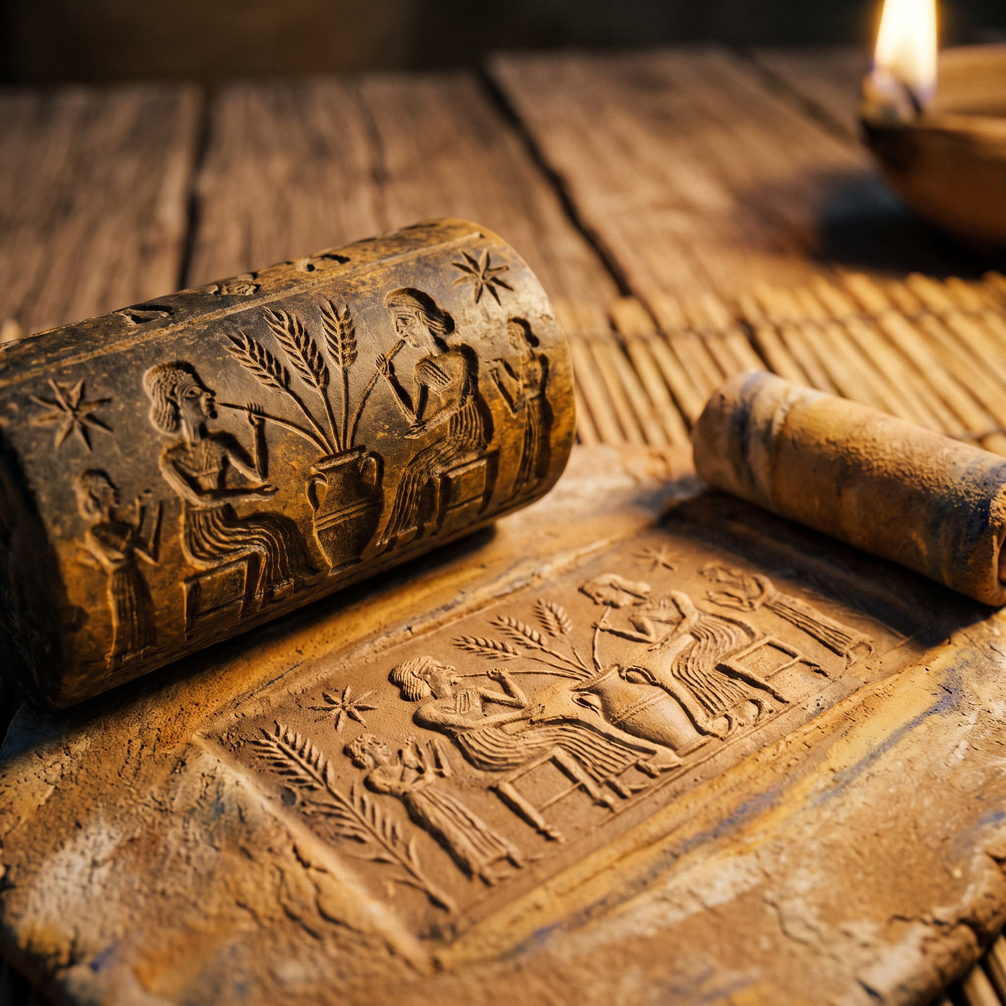 A stone cylinder seal beside its fresh impression in clay: seated figures drinking beer through long straws beneath a star, wheat rising between them.